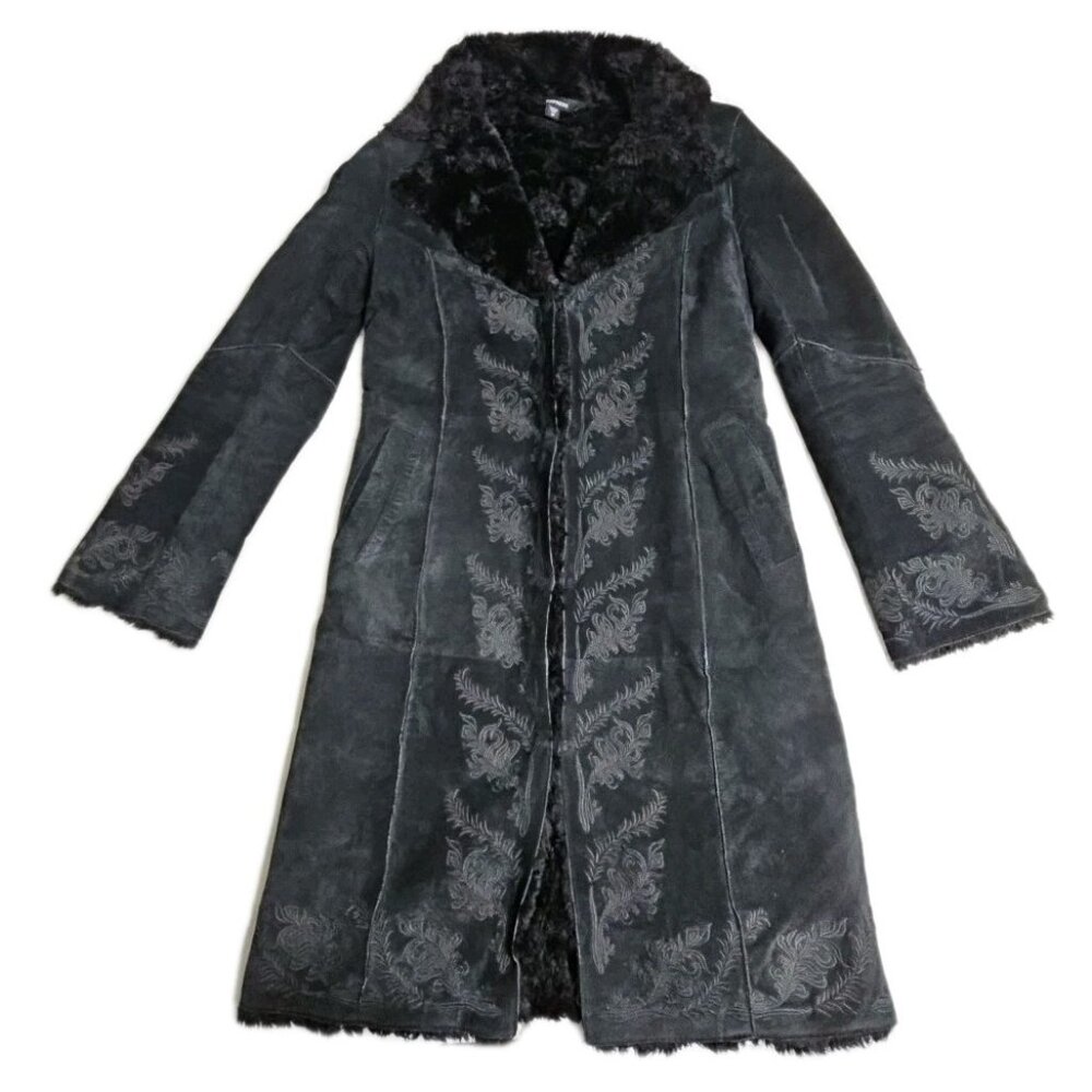 Vintage Express Penny Lane Leather Embroidered Long Coat Gothic Y2K, Womens M